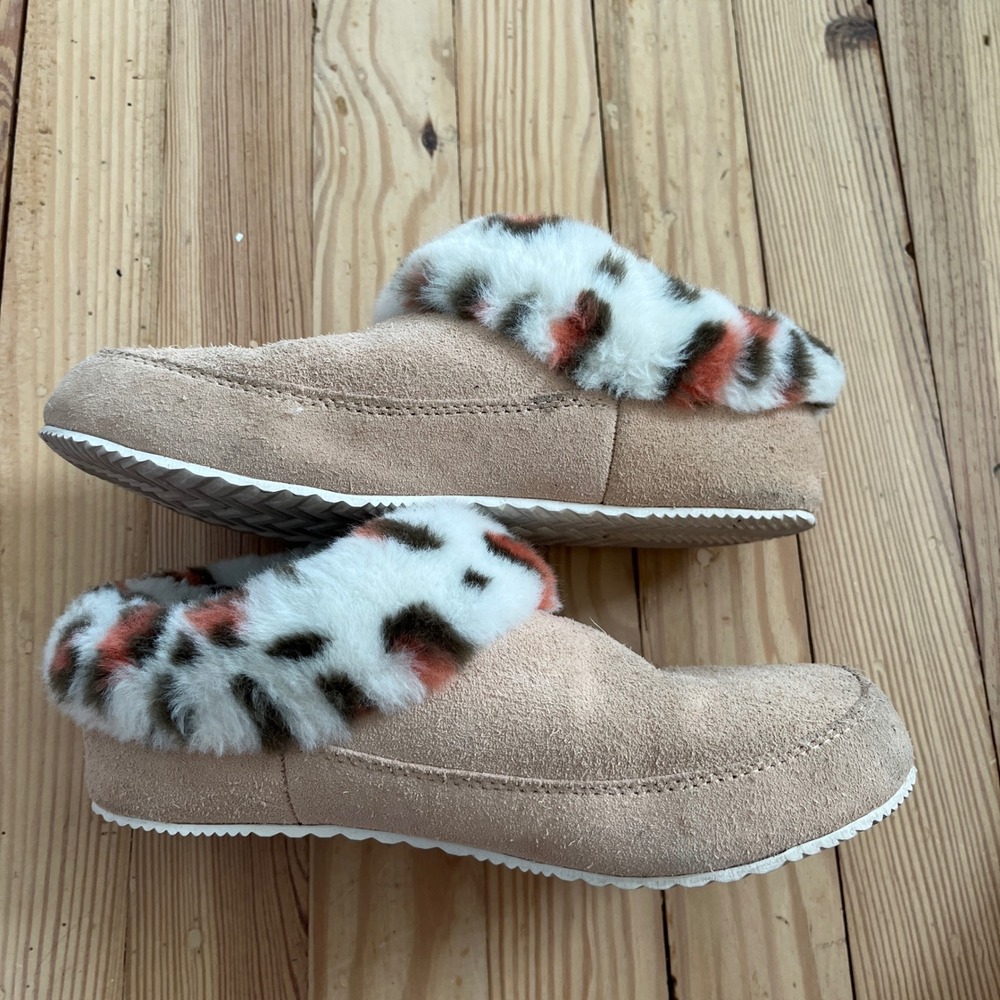Sorel Nakiska Scuff Tan Suede Leopard Faux Fur Slippers NL4887-260 Womens 7 - Picture 7 of 8